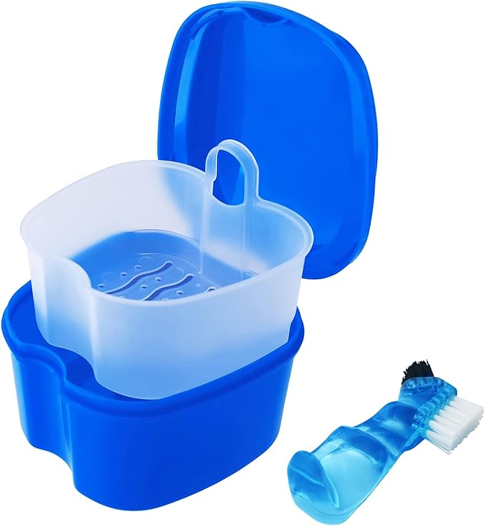 Dental Retainer Cup Holder Mouthguard Cleaning Case with Strainer Basket, Denture Bath Box Storage Cup Holder for Travel Cleaning - Dark Blue