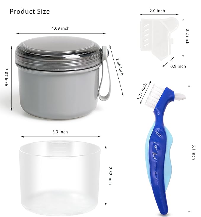 Denture Case with Denture Brush, No Leak Denture Bath Box, Denture Travel Case, Denture Cup with Basket for Soaking Dentures (grey)