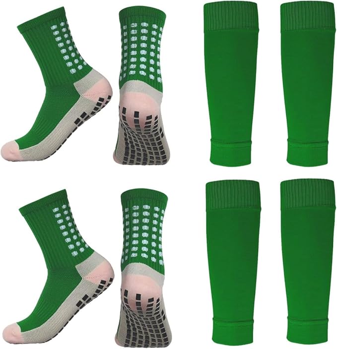 2 Set Anti-Slip Grip Soccer Socks with Shin Guard Sleeves, Sports Athletic Socks for Men Women