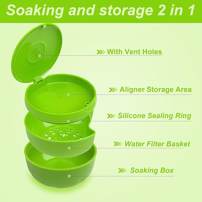 Retainer Cleaner Case,Double Layer No-Leak Denture Cup for Soaking Dentures, Denture Bath for Aligner,Retainers,Mouth Guard,Night Guard Solid Color (Green)