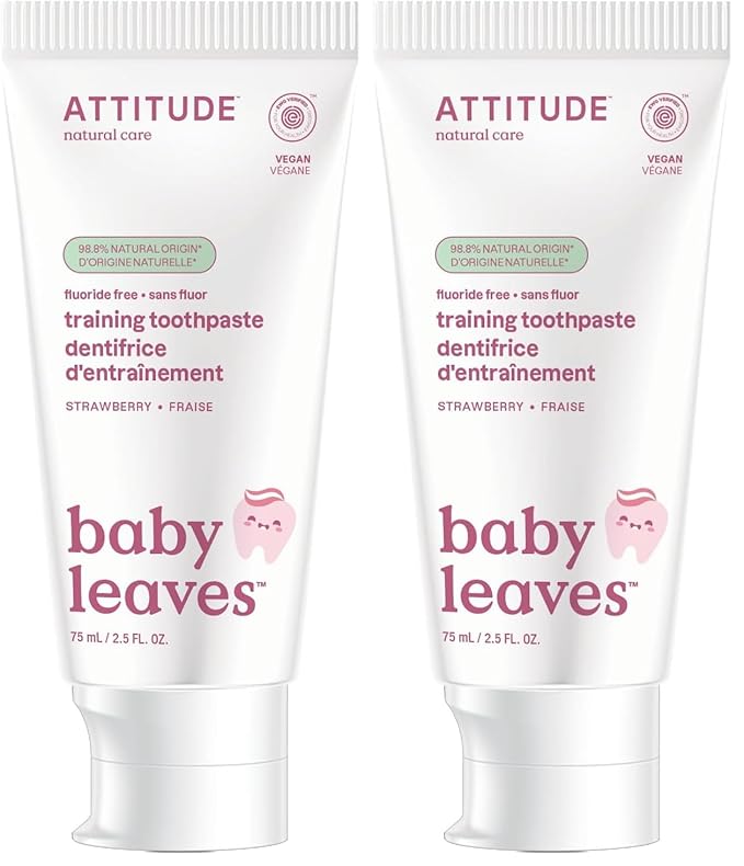 ATTITUDE Baby & Child Fluoride-Free Training Toothpaste, Natural, Vegan & EWG Top Scoring, Strawberry, 2.5 Oz (16721) (Pack of 2)