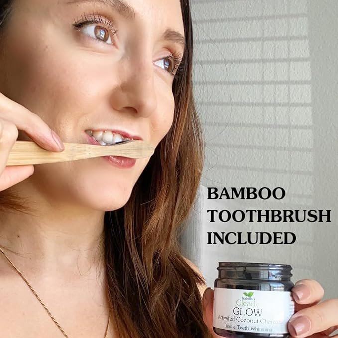 Glow Teeth Whitening Kit (4 Piece) | Pure Food Grade Activated Charcoal Powder + Bamboo Ultra Soft Toothbrush + Copper Tongue Cleaner + Eco Canvas Gift Bag