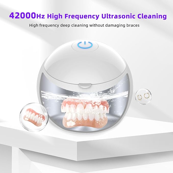 Voraiya Ultrasonic UV Cleaner for Dentures, Aligner, Retainer, Whitening Trays, Night Dental Mouth Guard, Toothbrush Head, Ultrasonic Jewelry Cleaner Machine for all dental Appliances, Diamon (White)