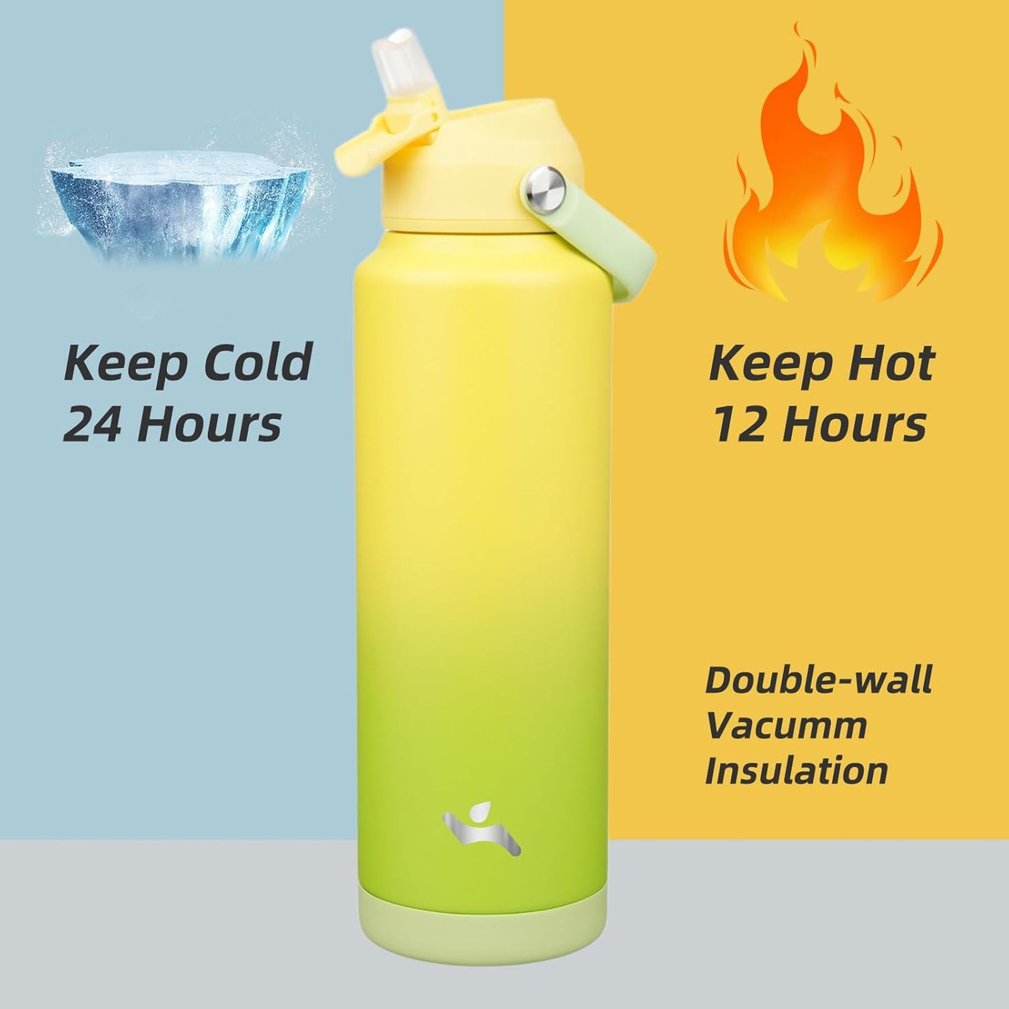 Insulated Water Bottle with Straw Lid,40 oz Stainless Steel Vacuum Metal Bottle with Silicone Handle,Lime