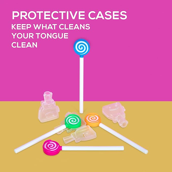 Kids Tongue Scraper or Cleaner Set – BPA-Free Plastic Dental Scrapers Helps Freshen Bad Breath, Remove Gunk – Multicolored with Easy-to-Grasp Handles and Brush Covers by 55Dental, Ages 2+ (Pink)