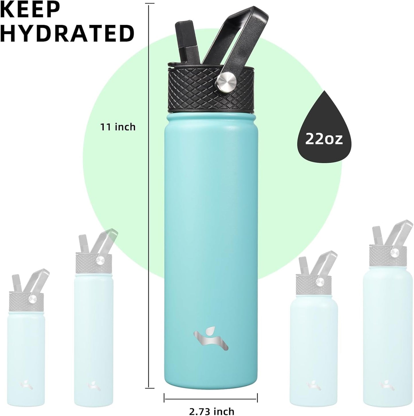 22oz Stainless Steel Bottles with 3 Lids Sport Insulated Water Bottle,Turquoise
