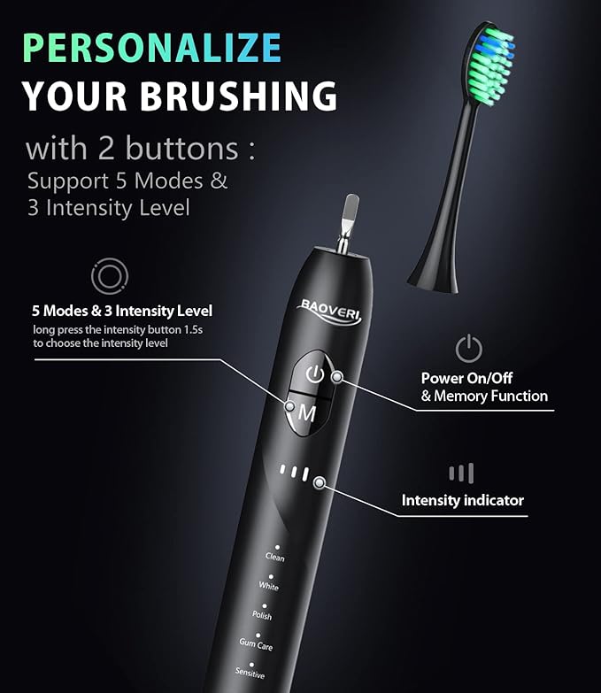 BAOVERI Electric Toothbrush with 8 Brush Heads, 42000 VPM Rechargeable Sonic Toothbrushes, 5 Modes & 3 Intensity Levels, IPX7 Waterproof, 2 Minutes Smart Timer, 4 Hours Fast Charge for 60 Days