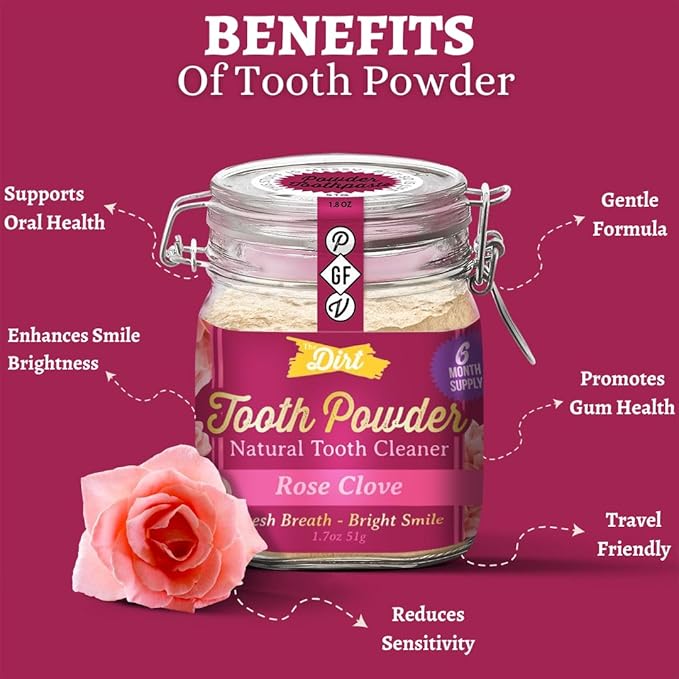The Dirt - Remineralizing Tooth Powder, Natural Fluoride-Free Teeth Whitening Powder with Hydroxyapatite, Flouride & Gluten Free, Organic Vegan (Rose Clove, 51g: 6 Month Supply)