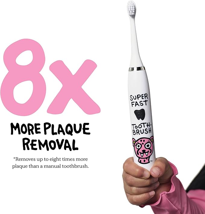 Made by Dentists Kids Electric Toothbrush - Rechargeable Vibrating Toothbrush with Timer, Includes 6 Replacement Heads, Halloween Gifts for Kids, Girls and Boys, Kid & Toddlers Age 2+, Cheetah