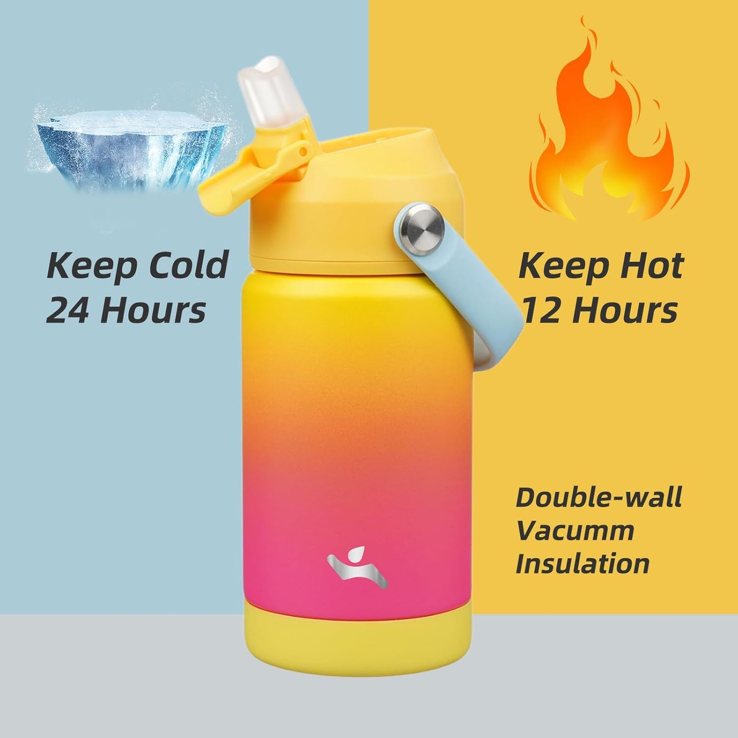 Insulated Water Bottle with Straw Lid,12 oz Stainless Steel Vacuum Metal Bottle with Silicone Handle,Rainbow