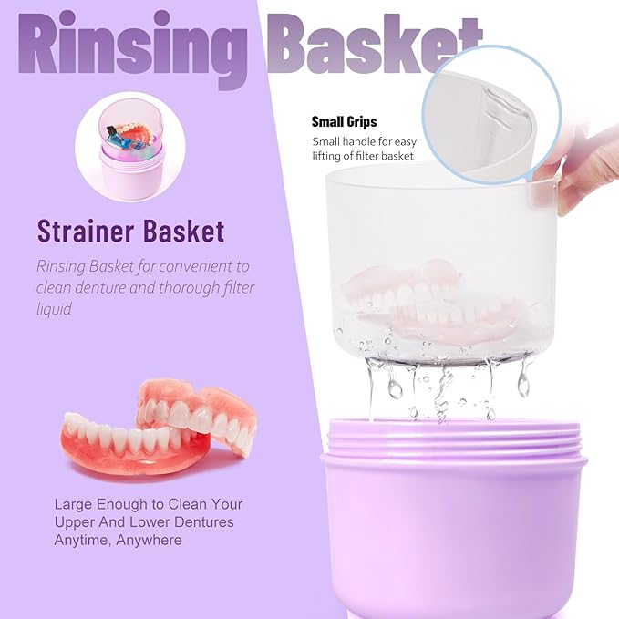 Leak Proof Travel Denture Bath Case for Full Dentures, Denture Cups for Soaking Dentures, Denture Container Cups with Brush for Dentures, Aligner, Retainers, Mouth Guard (Purple)