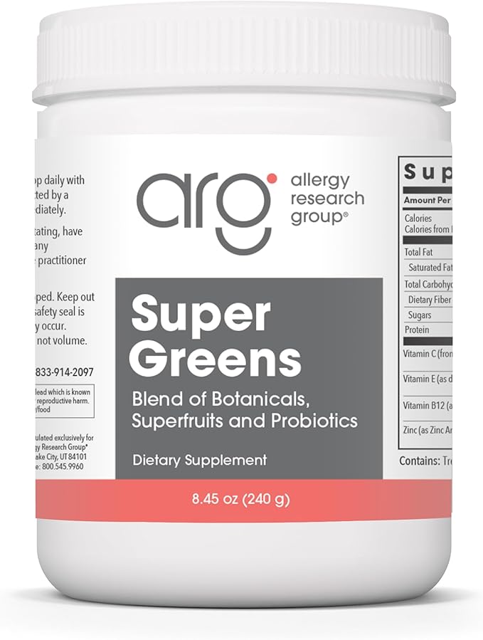 Allergy Research Group Super Greens - Superfood Green Powder with Spirulina, Chlorellla and Oat Grass, Clinically-Studied Probiotic Support for Women and Men - 8.45 oz (240 g)