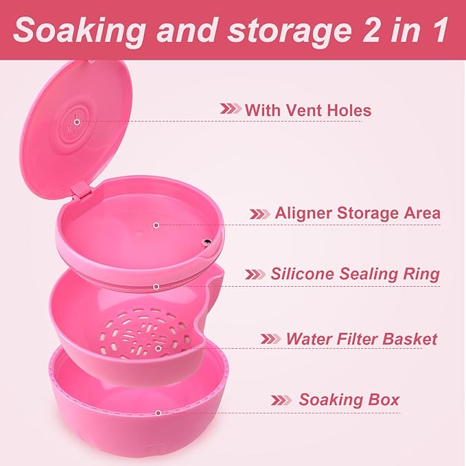 Retainer Cleaner Case,Double Layer No-Leak Denture Cup for Soaking Dentures, Denture Bath for Aligner,Retainers,Mouth Guard,Night Guard Solid Color (Pink)