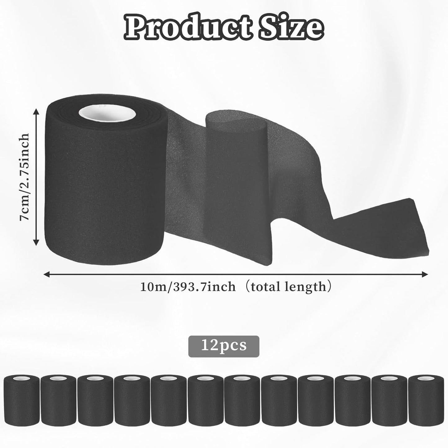 12pcs Black Prewrap Athletic Tape, Prewrap Athletic Tape for Hair Soccer, Premium Quality Hand Wrap Bandage Athletic Prewrap Tearable, Sports Knee Foam Ankle Wrist Tape Soccer Baseball for Injury