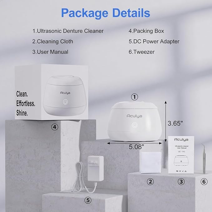 Ultrasonic Retainer Cleaner Machine 48kHz Denture Cleaner 200ml Dental Appliance Cleaner for Aligner, Night Guard, Brace, Jewelry