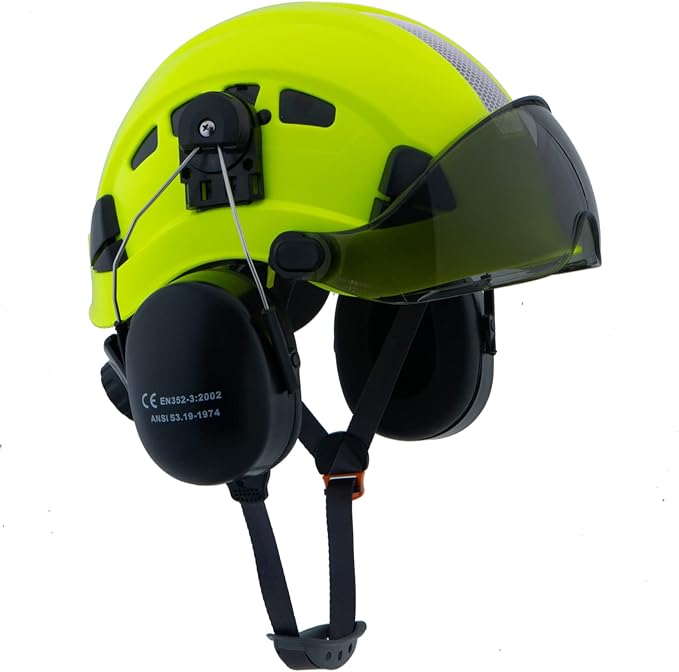 LOHASPRO Arborist Forestry Helmet Safety Hard Hat with Visor and Ear Muffs for Tree Service Logging Cutting Wood Chainsaw Helmet Garden Work Trimming Mowing(P91 Lime+Smoked Visor+Earmuff)