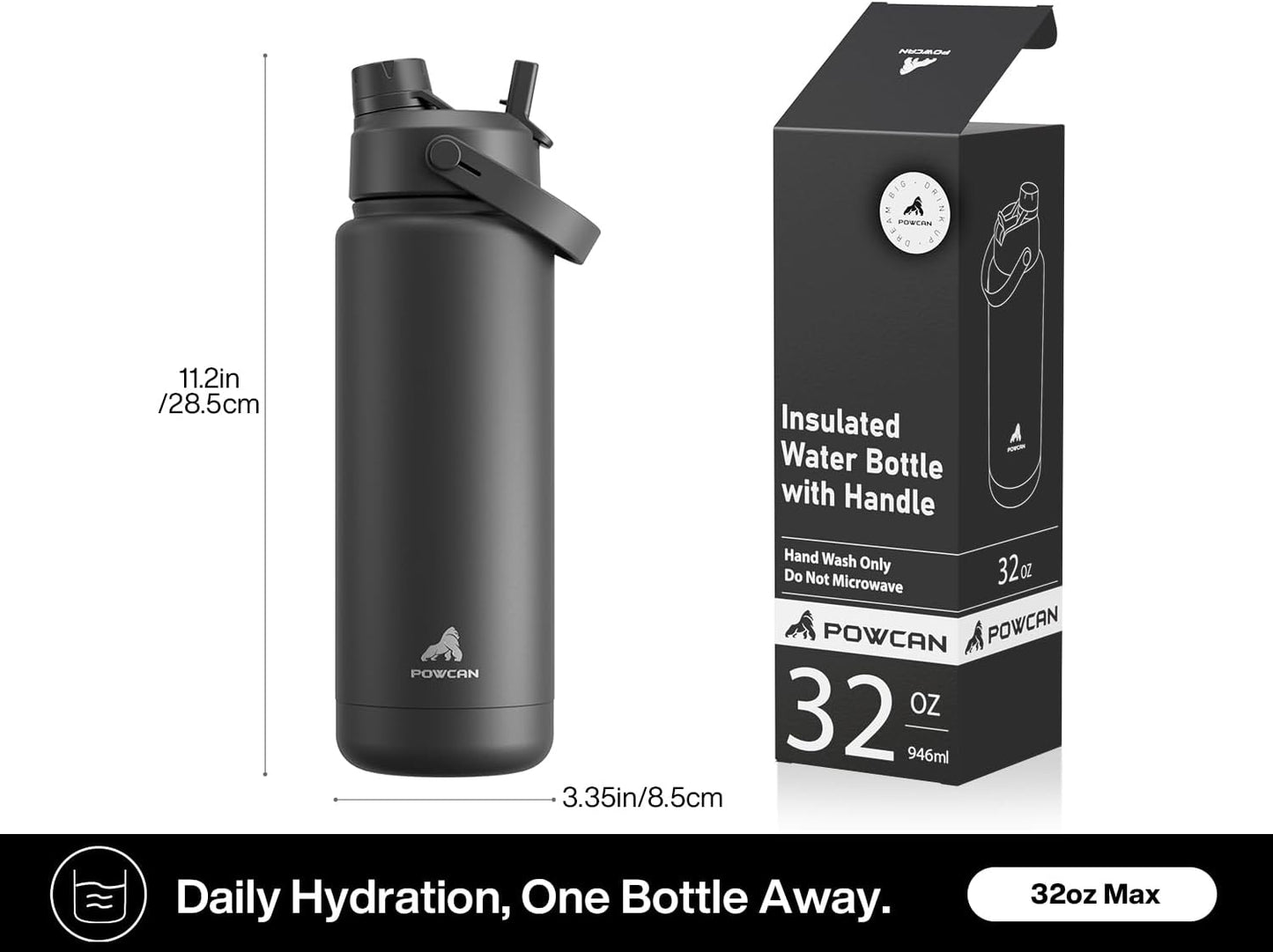 32 oz Insulated Water Bottle with 2-in-1 Straw and Spout Lid, Keep Cold 24H, Leak-Proof, BPA-Free, Double Wall Stainless Steel Water Bottle for Sports, Gym, Travel, and School (Dark Knight)