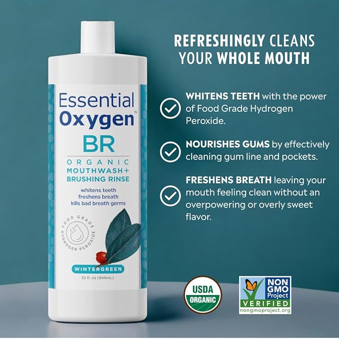 Essential Oxygen Certified BR Organic Brushing Rinse, All Natural Mouthwash for Whiter Teeth, Fresher Breath, and Happier Gums, Alcohol-Free Oral Care, Wintergreen, 32 Ounce