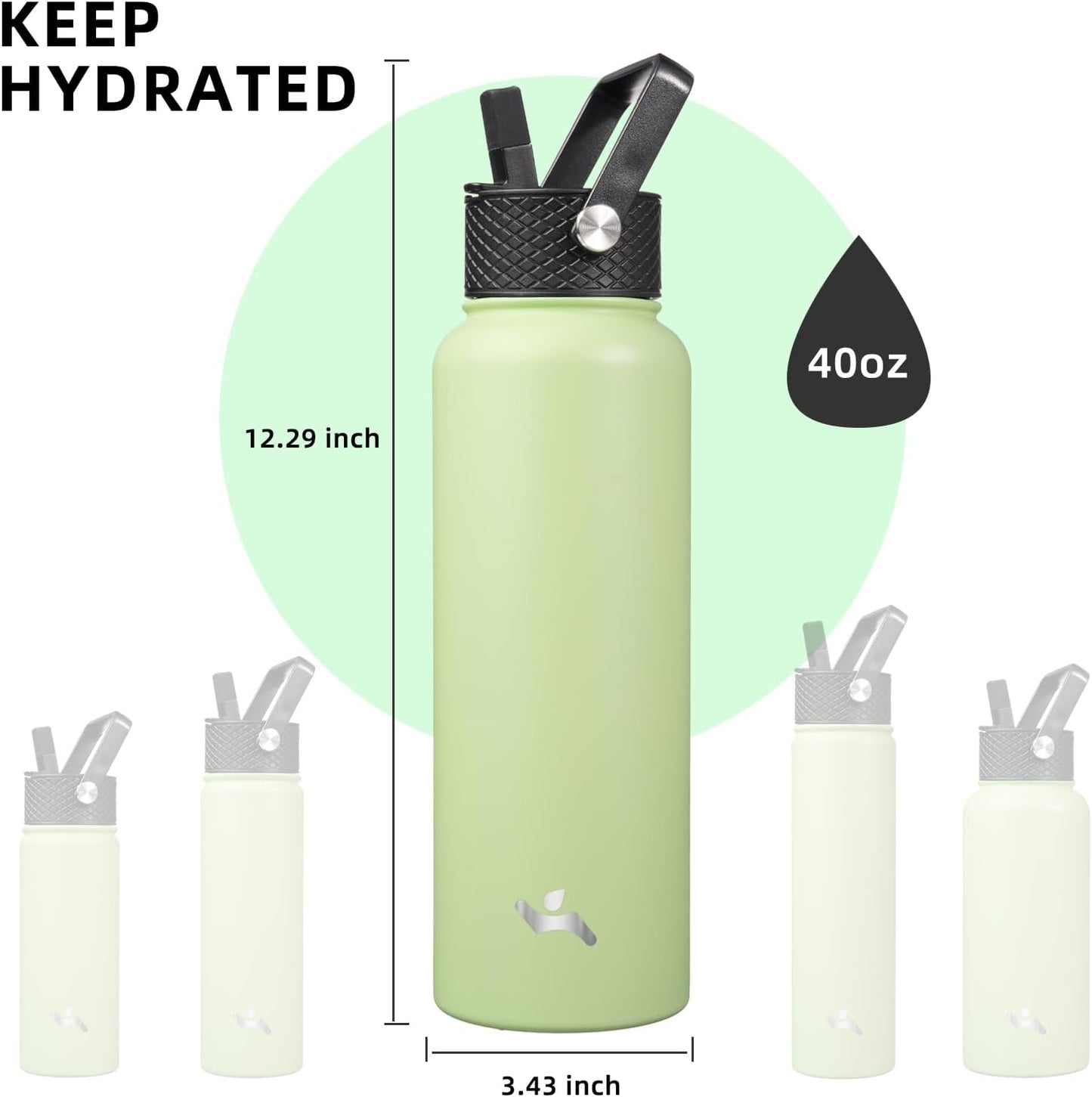 40oz Insulated Water Bottle Stainless Steel Sport Bottles with 3 Lids,Macaron Green