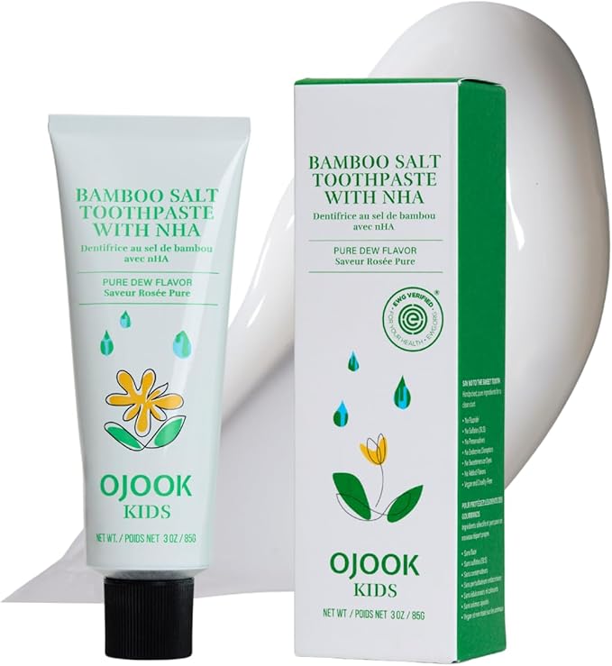 Kids Fluoride Free Bamboo Salt Toothpaste with nHA - Pure Dew | Nano Hydroxyapatite, Remineralizing, Strengthening Enamel for First Teeth, Safe to Swallow (3oz)