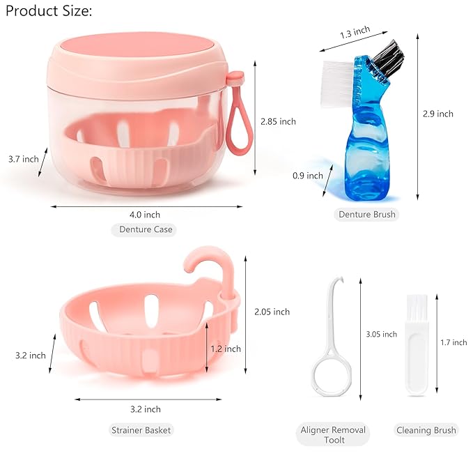 Denture Case, Leak Proof Denture Bath Cup for Travel, Pink Denture Container Cups for Soaking Full & Partial Dentures, Retainers, Mouth Guard with Denture Cleaner Brush, Aligner Removal Tool
