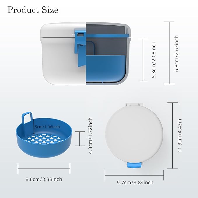 BVN Leak-Proof Denture Bath Cup for Travel, Denture Cup for Soak Dentures, Retainer Cleaning Case with Strainer (White + Blue)