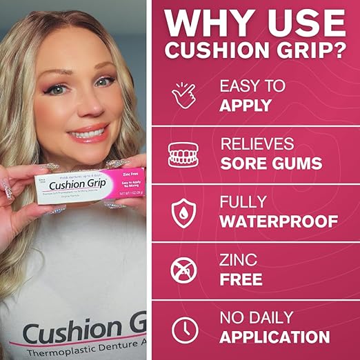 Cushion Grip Thermoplastic Denture Adhesive 1oz (5 Pack)–Extra Strong Hold Up to 4 Days, Unmatched Strength, Waterproof & Zinc Free, Relieves Sore Gums, Comfortable Refit, Long Lasting Denture Refit