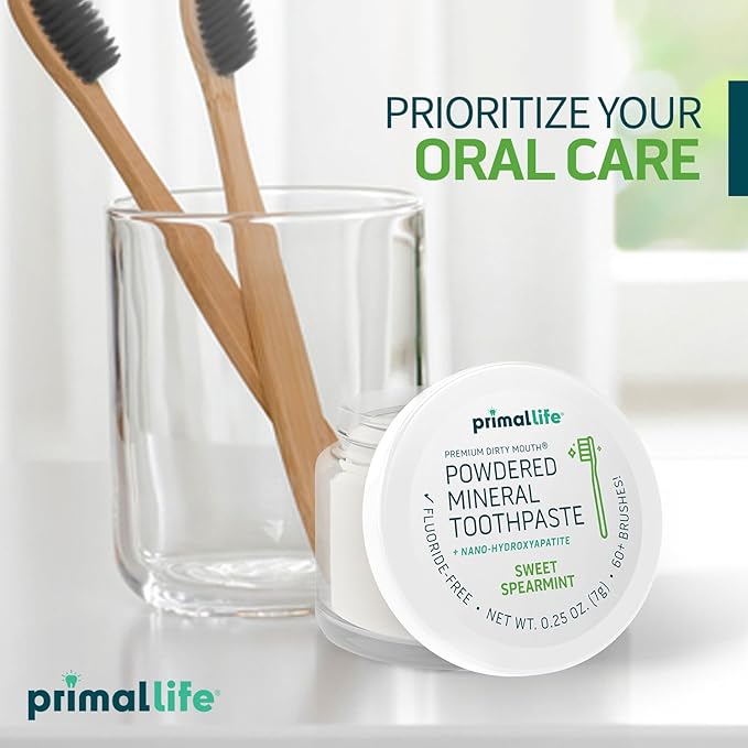Primal Life Organics - Dirty Mouth Toothpowder, Tooth Cleaning Powder, Flavored Essential Oils with Natural Kaolin & Bentonite Clay, Good for 60+ Brushings, Organic, Vegan (Sweet Spearmint, 0.25 oz)
