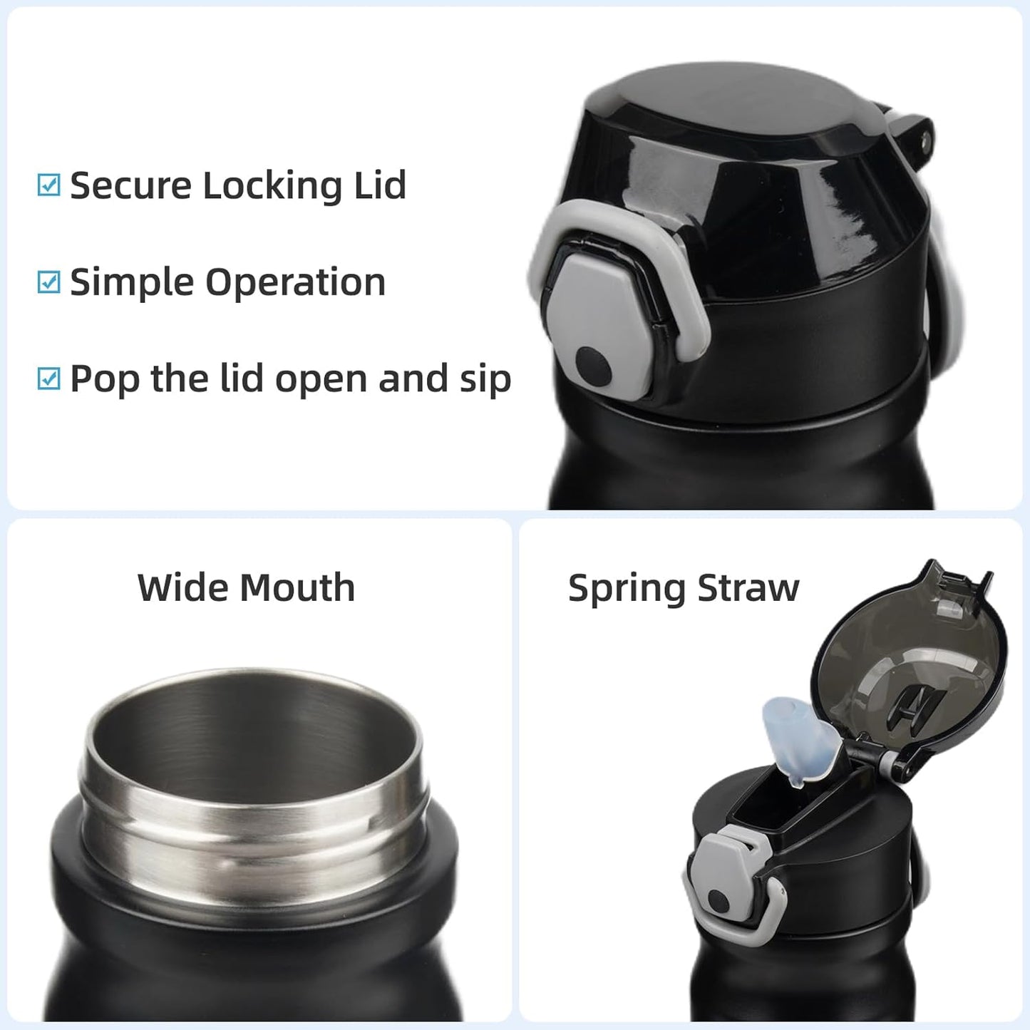 Insulated Water Bottle with Straw and Carry Loop,18 oz Stainless Steel Double Wall Vaccum Metal Water Flask with Leak-proof Lid,Black