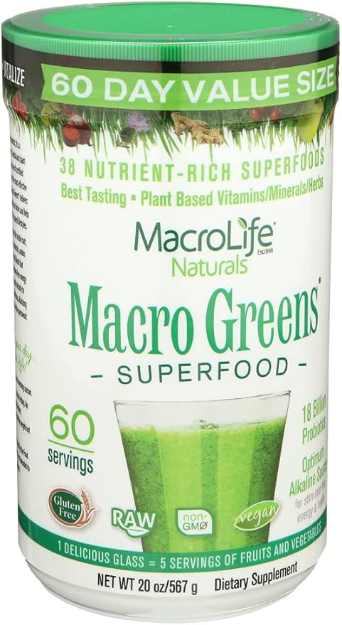MacroLife Naturals Macro Greens Powder 38 Superfood Probiotic Antioxidant Enzyme & Herbal Supplement Immunity Energy Cleanse - Non-GMO Vegan Gluten-Free Dairy-Free - 60 Servings