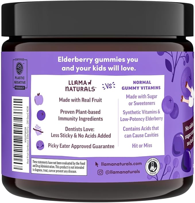 Llama Naturals Elderberry Gummies for Kids, Vegan, Organic Immune Support Supplement with Vitamin C and Zinc, Toddler Real Fruit Gummy Vitamins for Immunity, Chewable, No Added Sugar Cane, 60 Ct