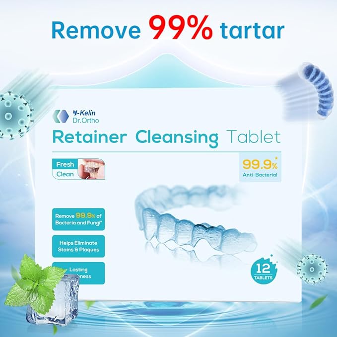 Y-Kelin Retainer and Denture Cleaner 12 Tablets for Dentures Retainers Mouth Guard and Removable Dental Appliances (12 PCS, Mint)