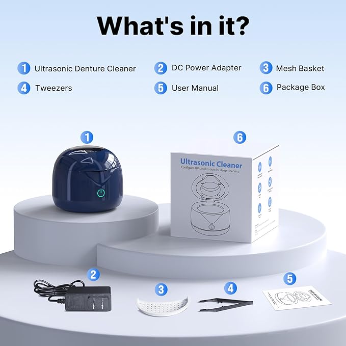 Ultrasonic Retainer Cleaner - UV Dental Cleaning Pod Night Guard Cleaner for Dentures, Aligner, Braces, Toothbrush Heads, Jewelry (Navy Blue)