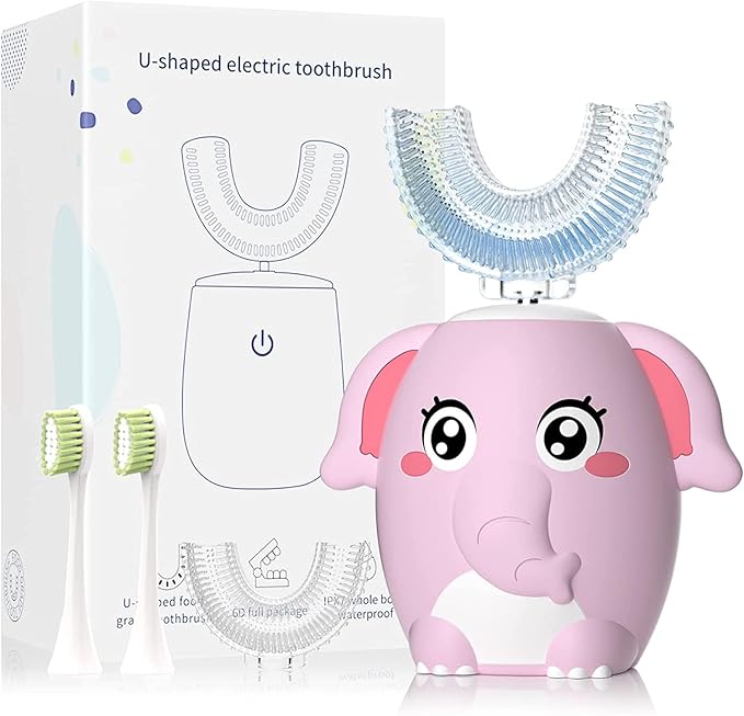 Kids Electric U Shaped Toothbrush Children Rechargeable Sonic Toothbrush with 4 Brush Heads Full Mouth 6 Cleaning Modes -(Age 8-15 Pink)