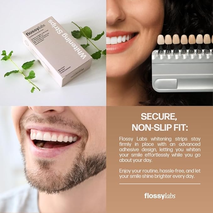Flossy Labs Pap+ Teeth Whitening Strips, Peroxide Free, Enamel Safe, High Strength, Non Slip, 14 Day Treatment for Sensitive Teeth, Removes Stains from Coffee, Wine, and Tea, Professional Results.