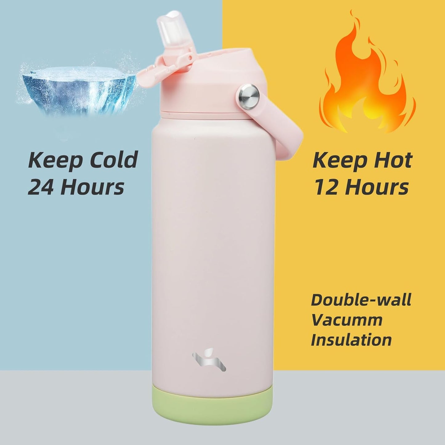 Insulated Water Bottle with Straw Lid,24 oz Stainless Steel Vacuum Metal Bottle with Silicone Handle,Pearl