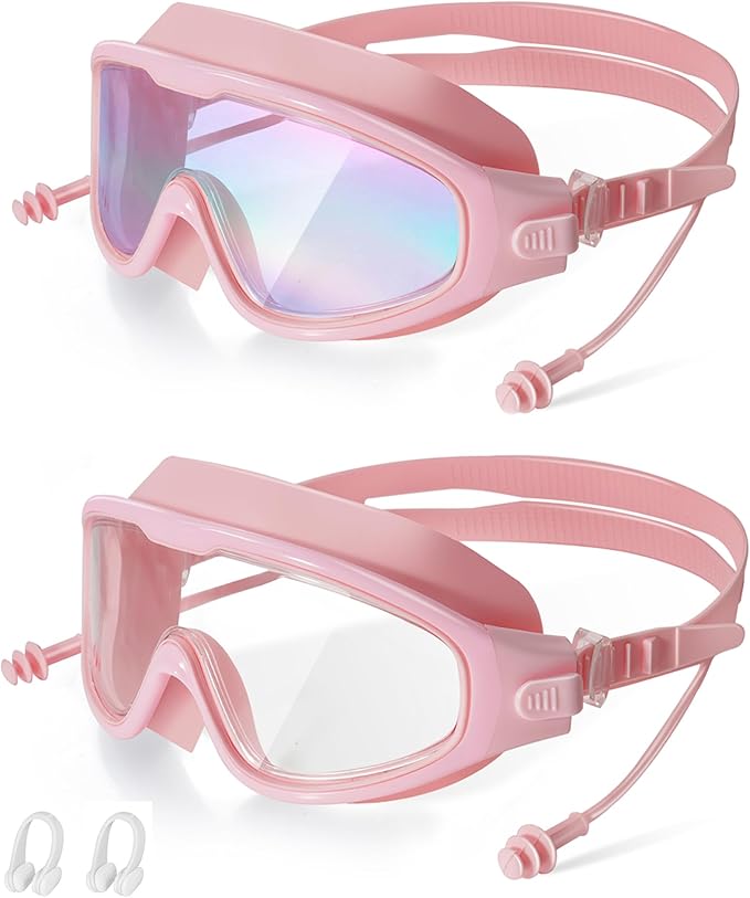 Adult Swimming Goggles,Leak-Proof,Anti-Fog Pool Glasses,Wide View Swim Goggles with Ear Plugs and Nose Clip