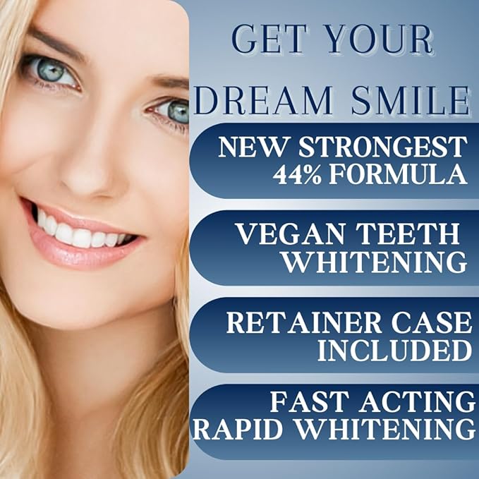 Teeth Whitening Kit 4 Syringes (3ml) New Strongest 44% Carbamide Peroxide Teeth Whitening Gel Light Trays Retainer Case Included Vegan Tooth Whitener