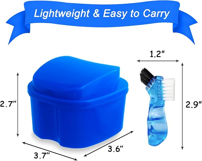 2 Pack Denture Bath Case Dental False Teeth Holder with Brush, Retainer Cleaning Case Denture Bath Cup Storage False Teeth Travel Case with Strainer - Purple and Dark Blue