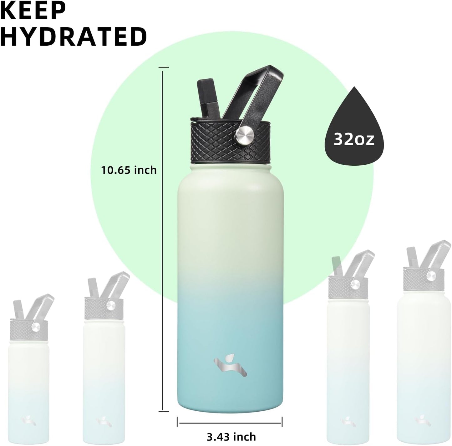 32 oz Insulated Water Bottle Stainless Steel Sport Bottles with 3 Lids,Mint