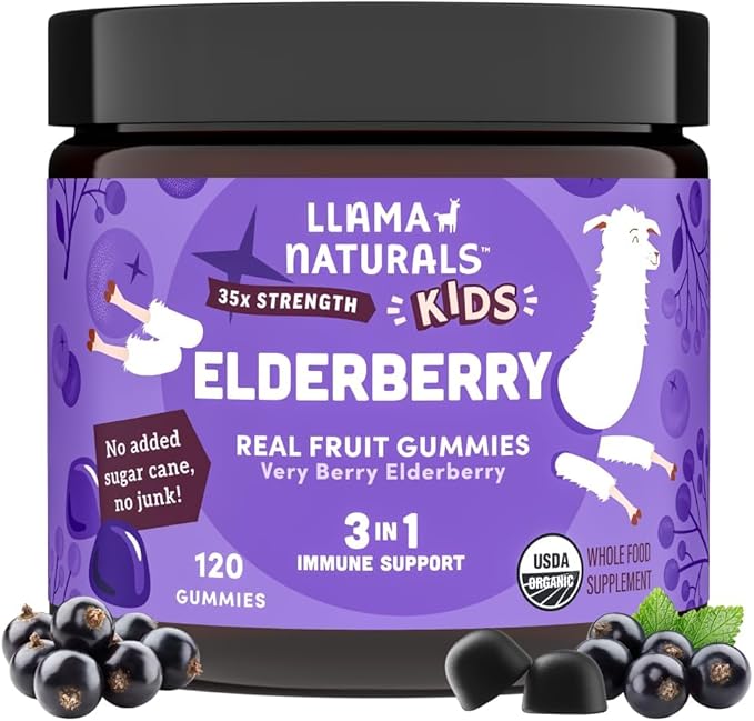 Llama Naturals Elderberry Gummies for Kids, Vegan, Organic Immune Support Supplement with Vitamin C and Zinc, Toddler Real Fruit Gummy Vitamins for Immunity, Chewable, No Added Sugar Cane, 120 Ct