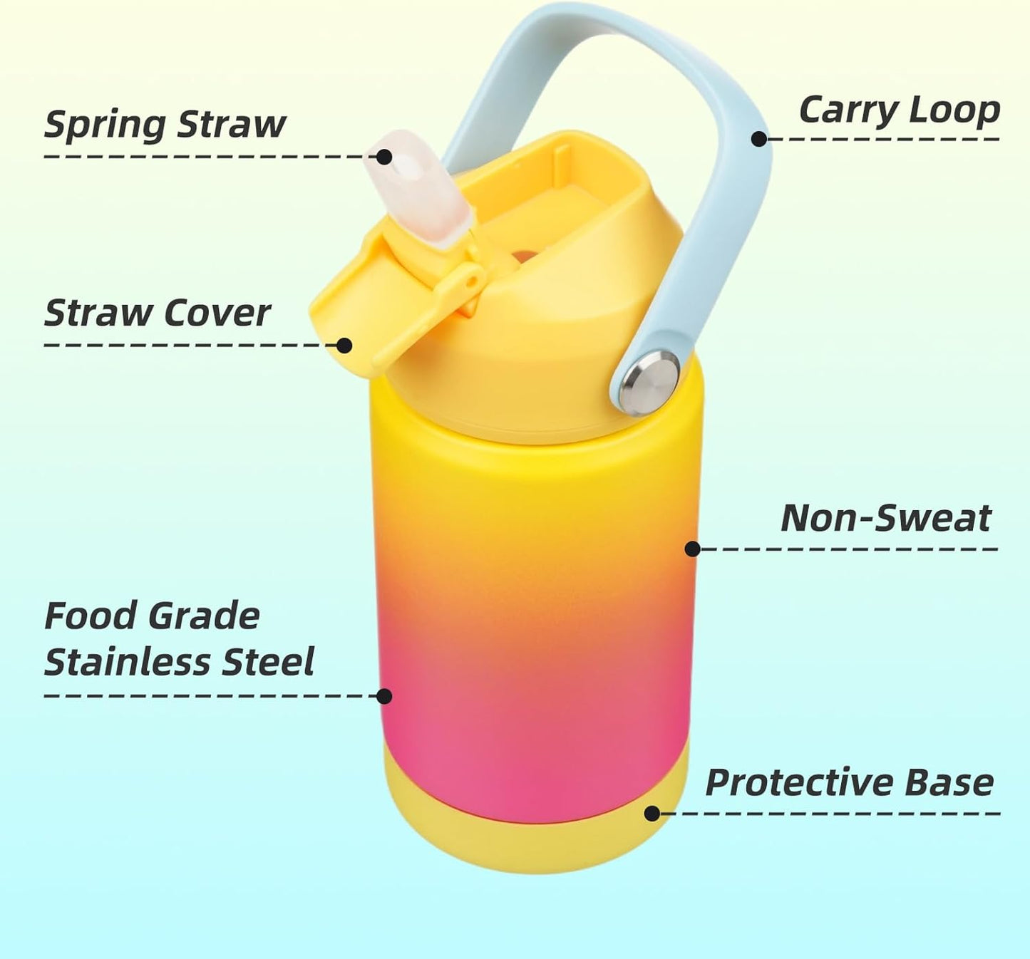 Insulated Water Bottle with Straw Lid,12 oz Stainless Steel Vacuum Metal Bottle with Silicone Handle,Rainbow