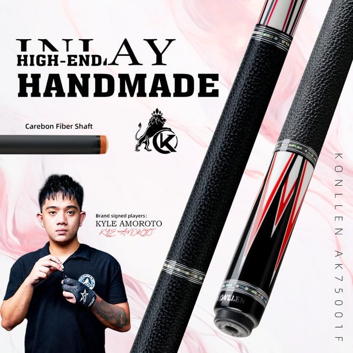 KONLLEN Carbon Fiber Pool Cue Stick Low Deflection Hand-Made Inlay Billiard Cue Ultra-Smooth Professional Feeling Billiard Pool Cue Sticks for Adults