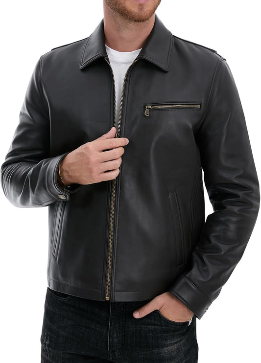 Leather Jacket Men,Lambskin Jacket with Full Zip Front,Casual Style,Tailored Design,Metal Snap Cuffs