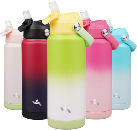 Insulated Water Bottle with Straw Lid,24 oz Stainless Steel Vacuum Metal Bottle with Silicone Handle,GreenWhite