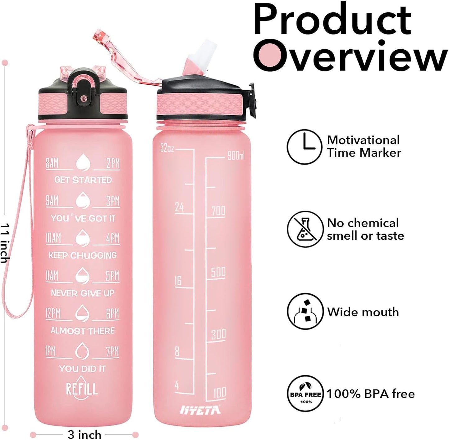 Hyeta 32 oz Water Bottles with Times to Drink and Straw, Motivational Water Bottle with Time Marker, Leakproof, Drinking Sports Water Bottle for Fitness, Gym and Outdoor