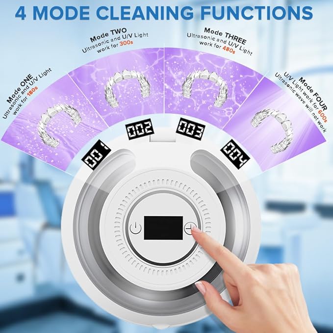 Ultrasonic Retainer Cleaner 45kHz Dental Cleaning Machine With 6 U/V Lights Adjustable Buzzer Alarm 200ML Capacity White