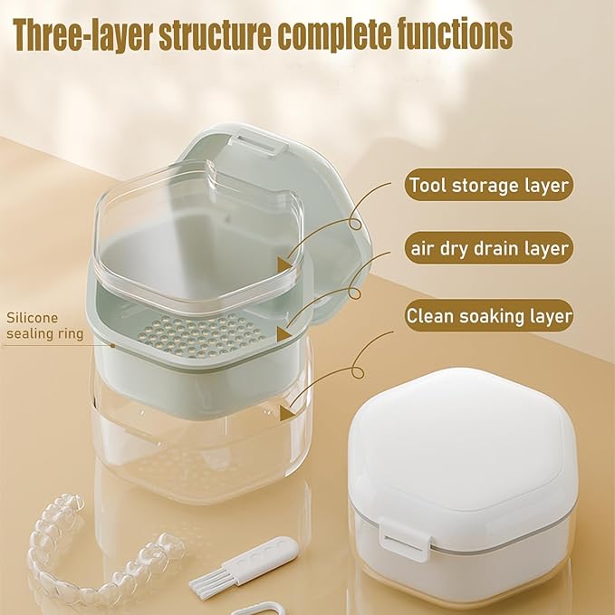 Denture Bath Box Cup with Strainer Basket,teeth Retainer Cleaning Box, Braces Teeth Aligner Case, Clear Braces, Mouth Guard Storage Box Holder for Household|Travel|Office