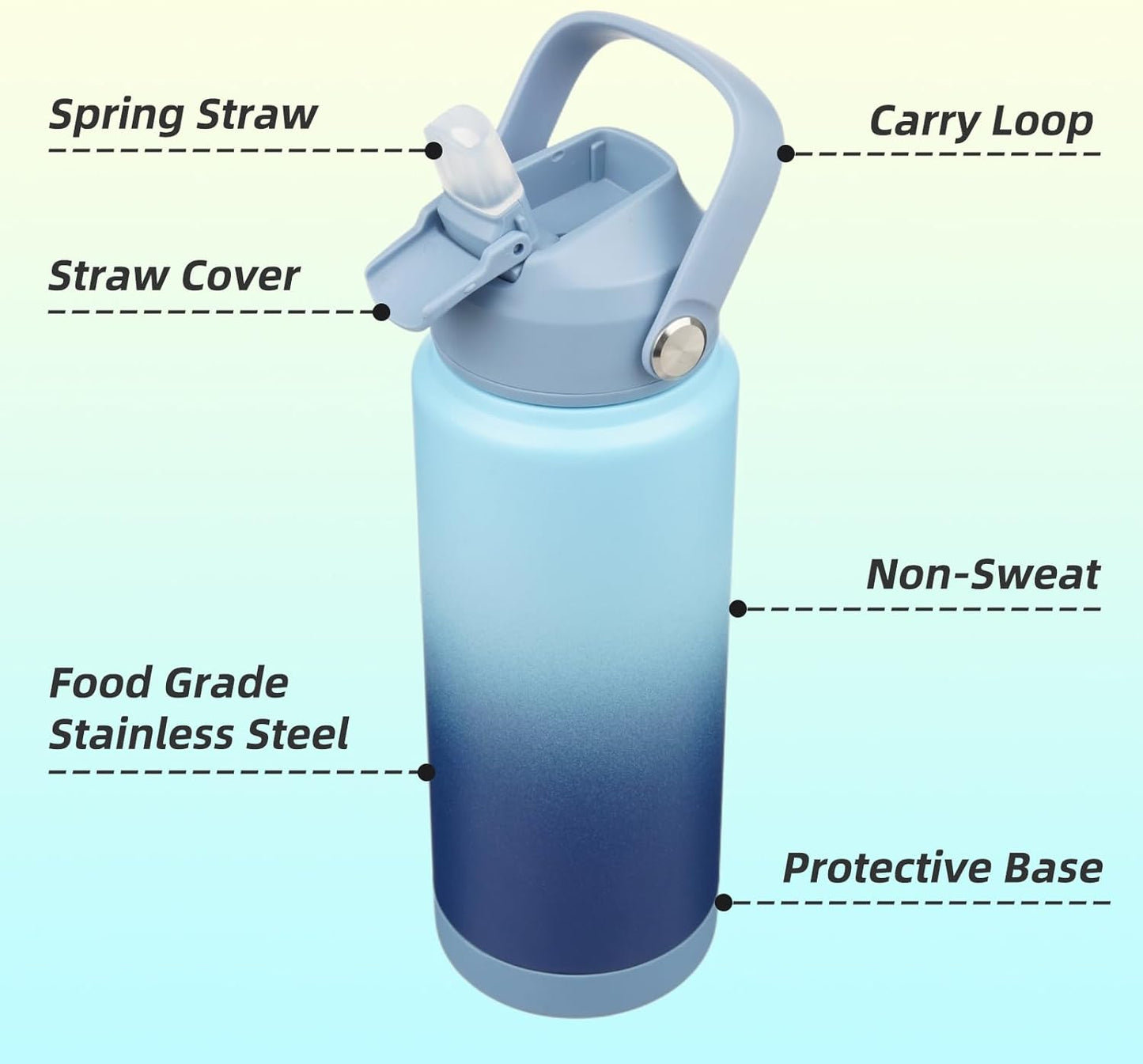 Insulated Water Bottle with Straw Lid,24 oz Stainless Steel Vacuum Metal Bottle with Silicone Handle,Sky