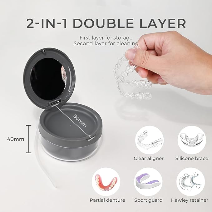 Denture Case, Leak Proof Denture Bath Cup, Denture Soaking Container Cups for Dentures, Retainers, Mouth Guard Storage Case, Full & Partial Denture Cleaning Holder Box with Strainer, Black